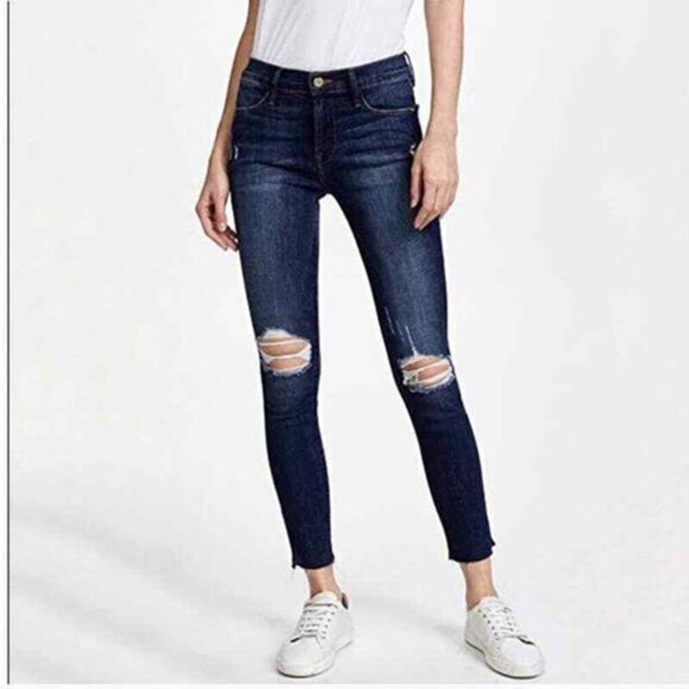 FRAME Dark Wash Destressed Ripped Jeans Size 27 Le Skinny De Jeanne